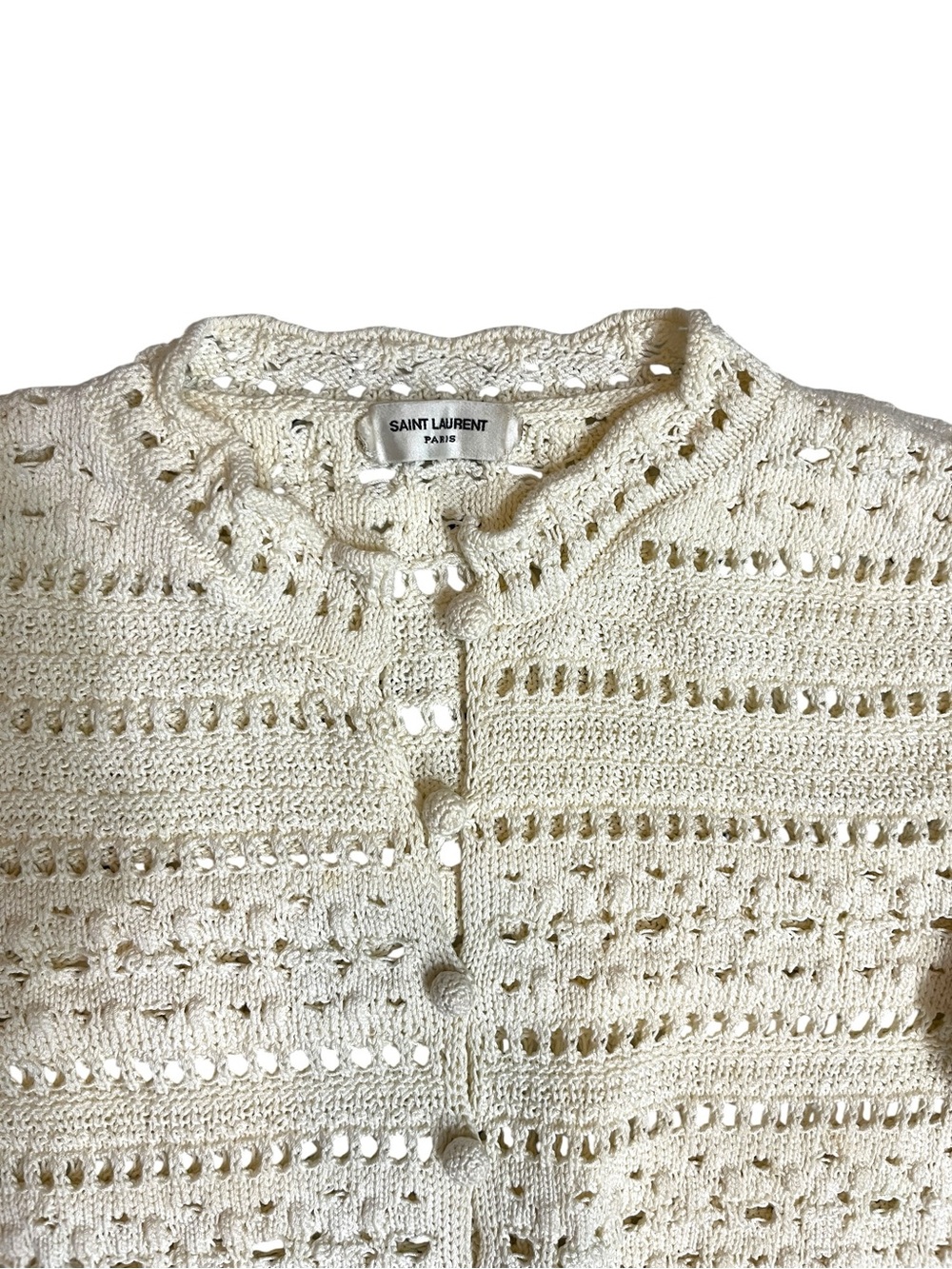 Saint Laurent Cream Open-Knit Button Cardigan Sweater